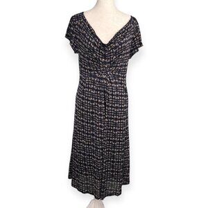 Jigsaw Navy Print Midi Dress Small Gathered Waist Soft Stretch Knit